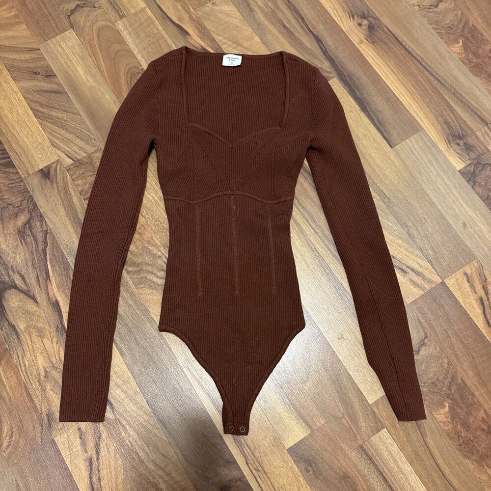 Abercrombie Fitch Womens XS Brown Ribbed Corset Knit Top Long Sleeve Sweater